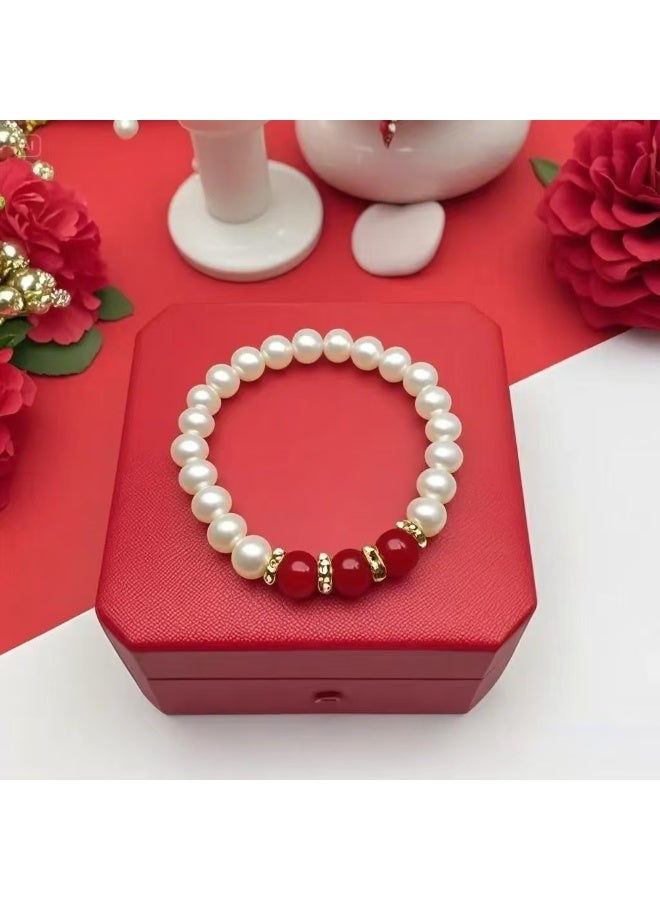 Akali Luxury Pearl Jewelry Set for Women – Red Stone Pendant Necklace, Matching Bracelet & Earrings | Elegant Wedding Gift Jewelry - Image 2